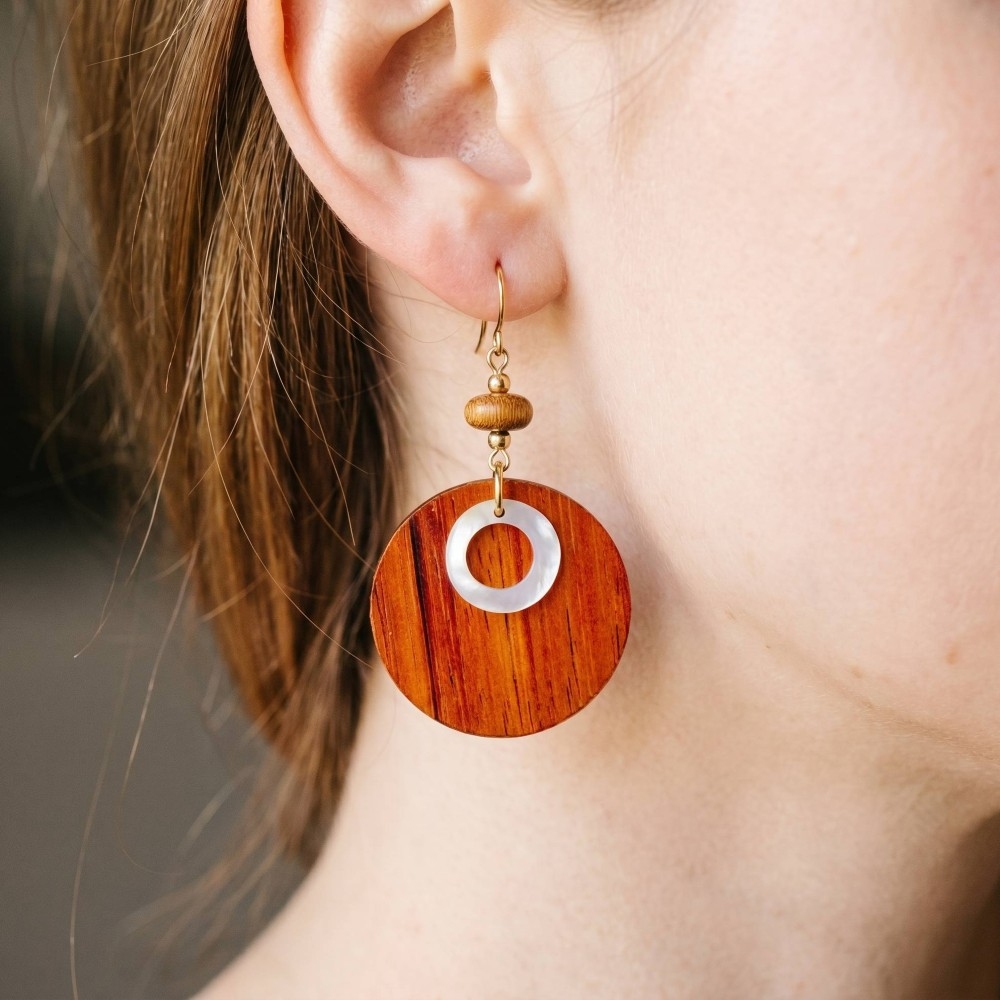 Wooden Disc And Bead Dangle Earrings