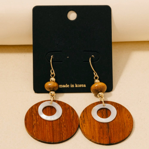 Wooden Disc And Bead Dangle Earrings