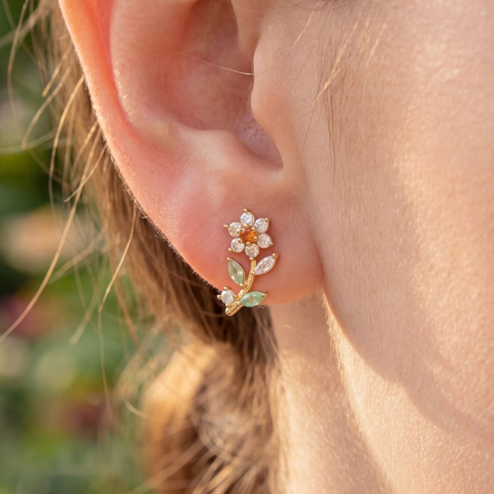 Gold Dipped Cz Flower Stud Earrings