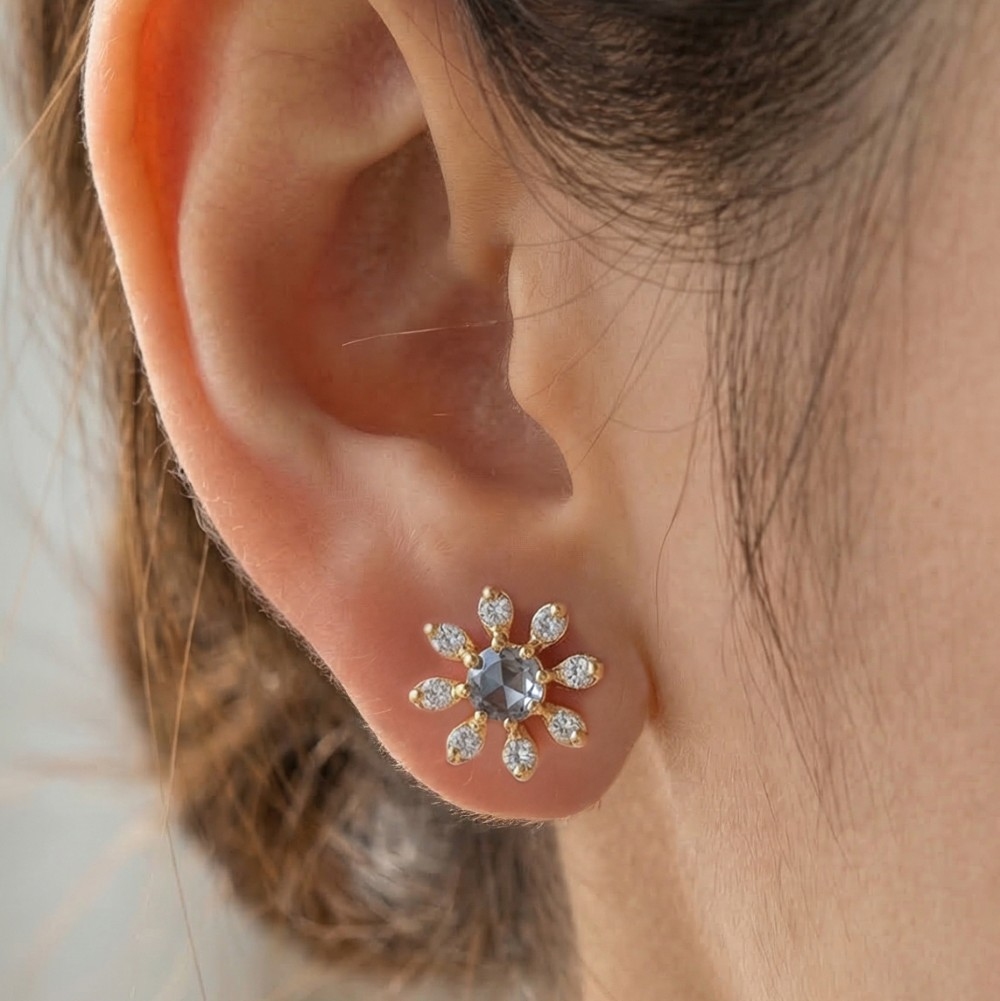 Gold Dipped Cz Flower Stud Earrings