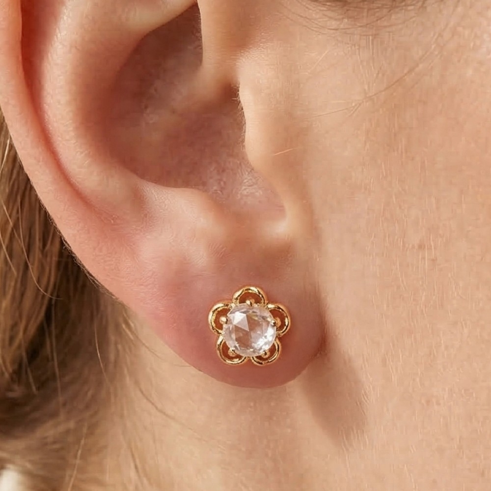 Gold Dipped Intricate Cz Flower Stud Earrings