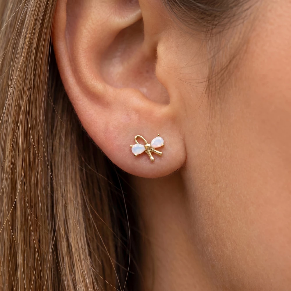 Opal Cz Ribbon Bow Stud Earrings
