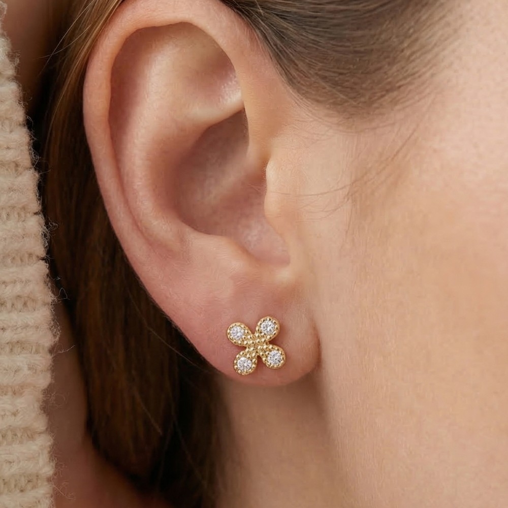 Gold Dipped Mini Cz Flower Clover Stud Earrings
