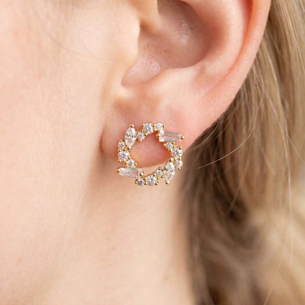 Cz Cluster Mini Twisted Hoop Stud Earrings