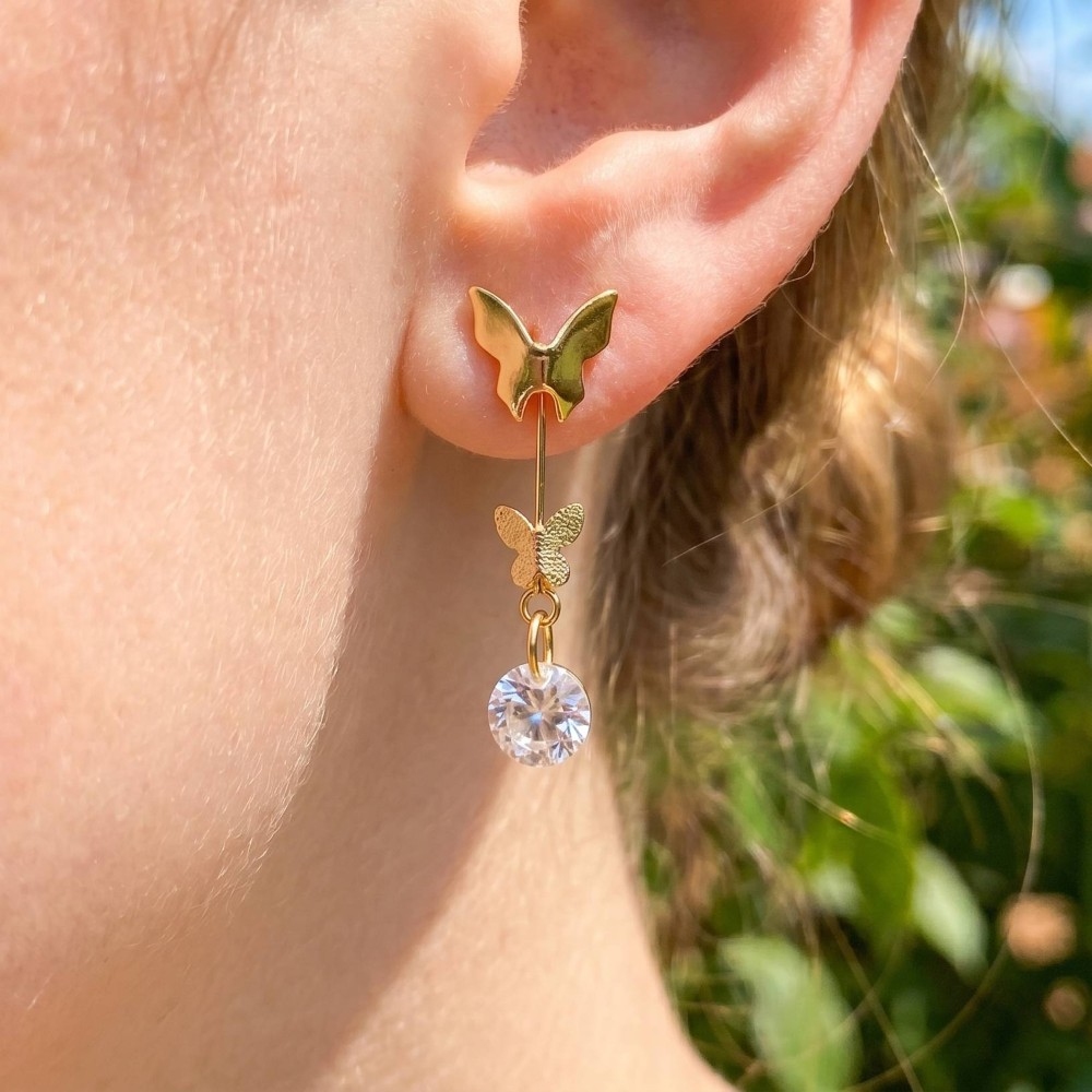 Butterflies And Cz Gem Dangle Earrings
