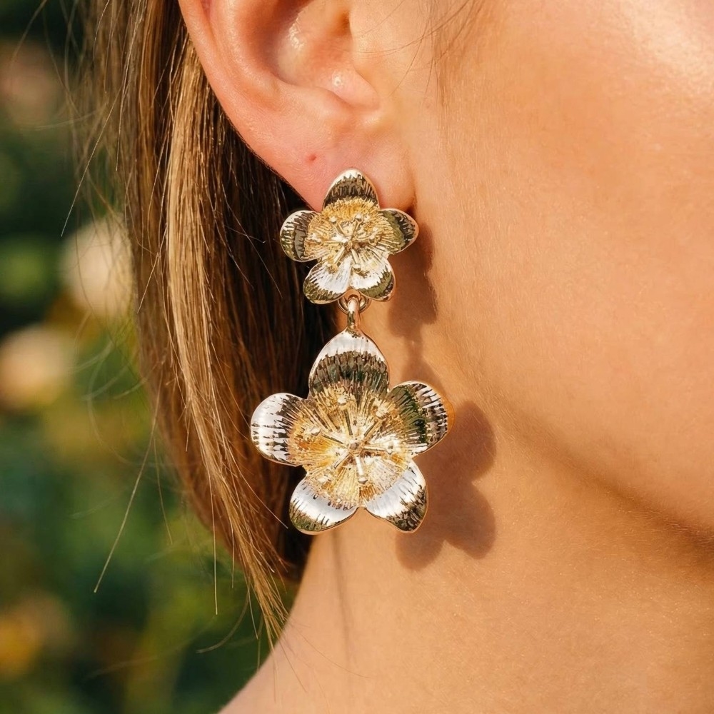 Double Metallic Flower Dangle Earrings