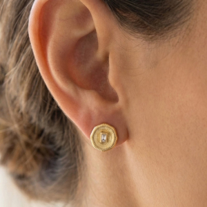 Gold Dipped Circle Baguette Rhinestone Stud Earrings