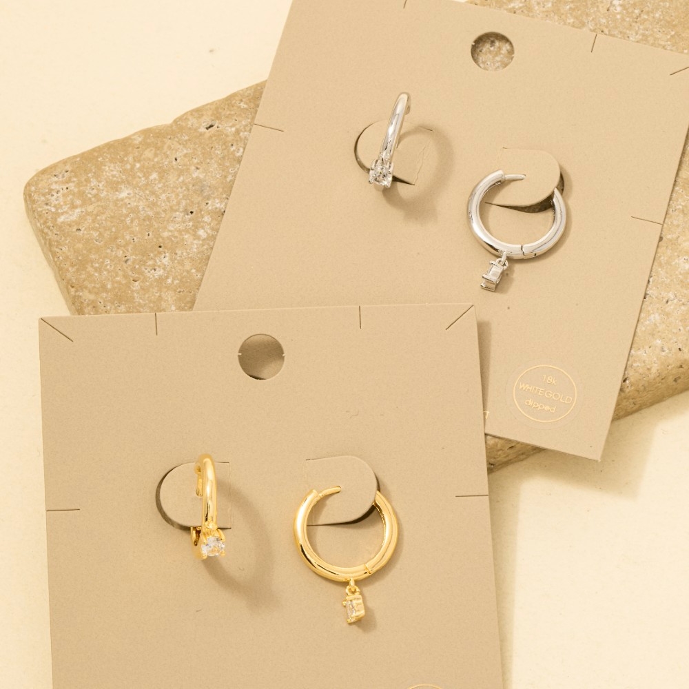 Gold Dipped Cz Charm Hinge Hoop Earrings