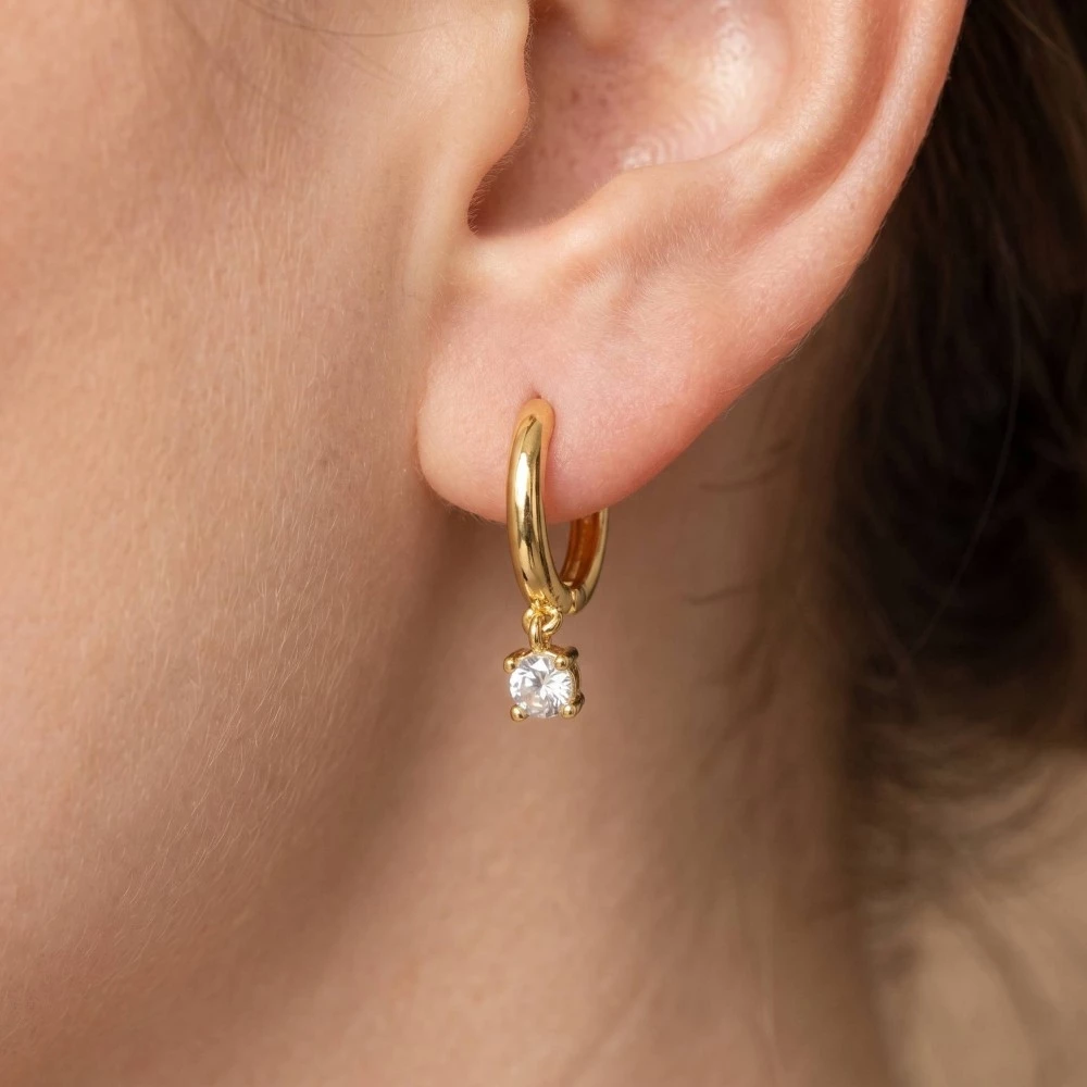 Gold Dipped Cz Charm Hinge Hoop Earrings