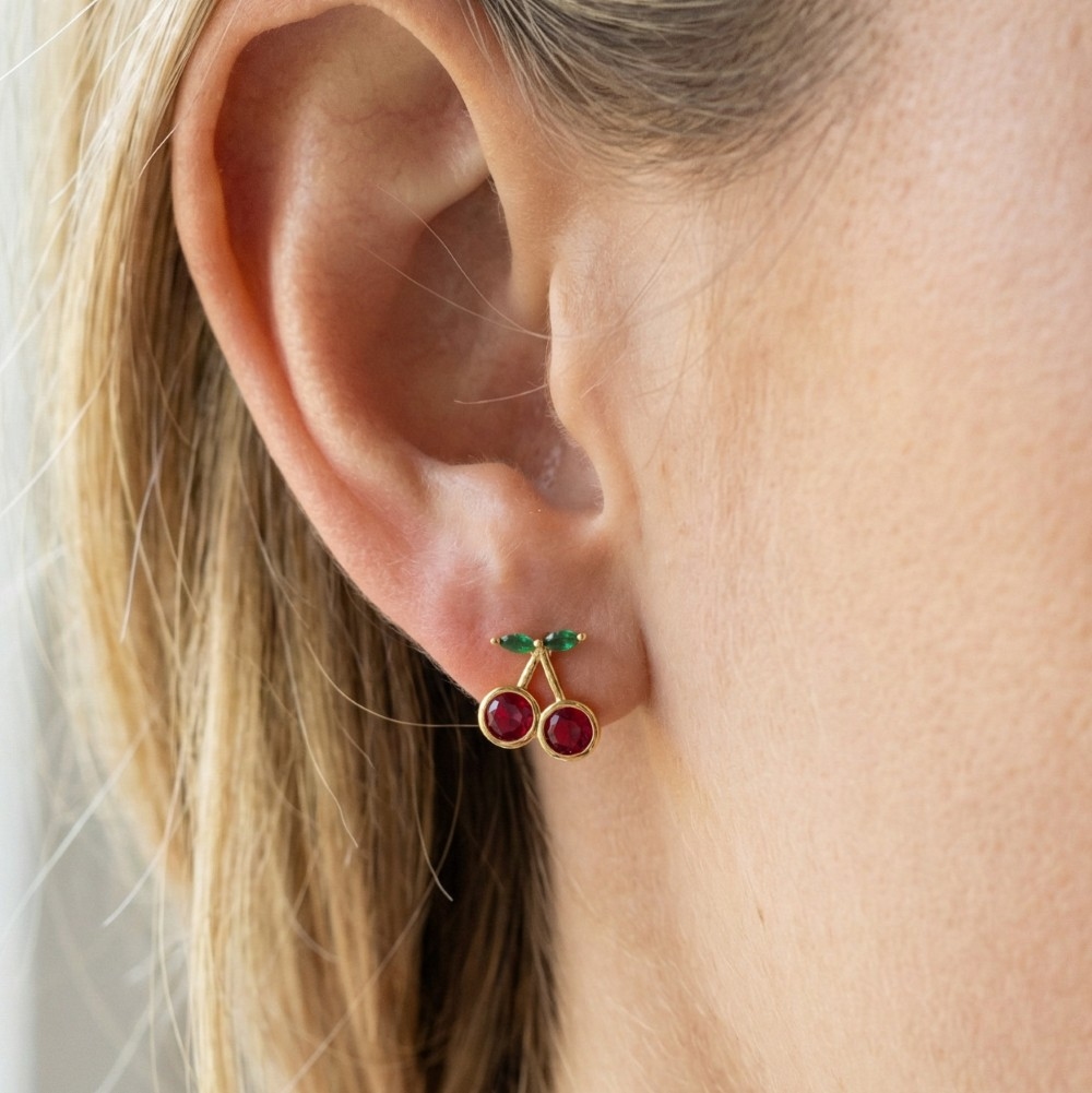 Gold Dipped Cz Cherry Stud Earrings