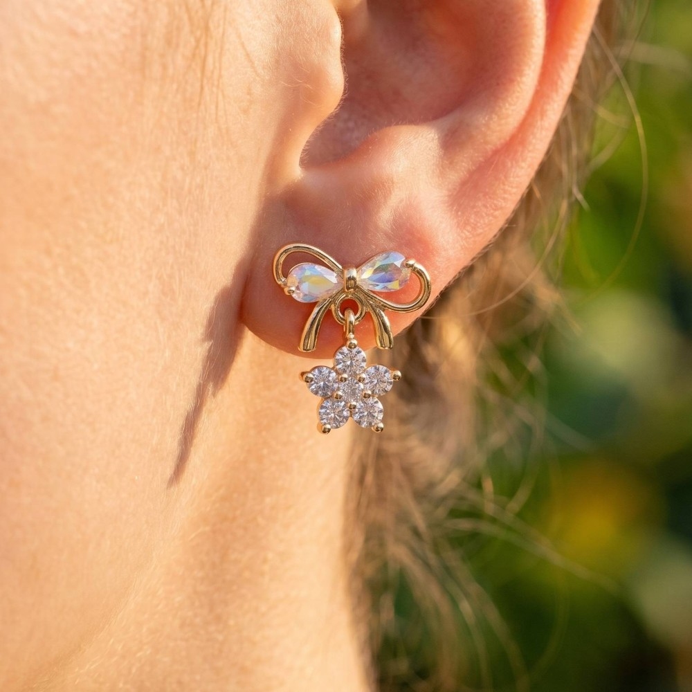 Cz Ribbon Bow Flower Earrings