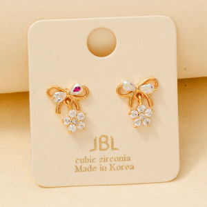 Cz Ribbon Bow Flower Earrings