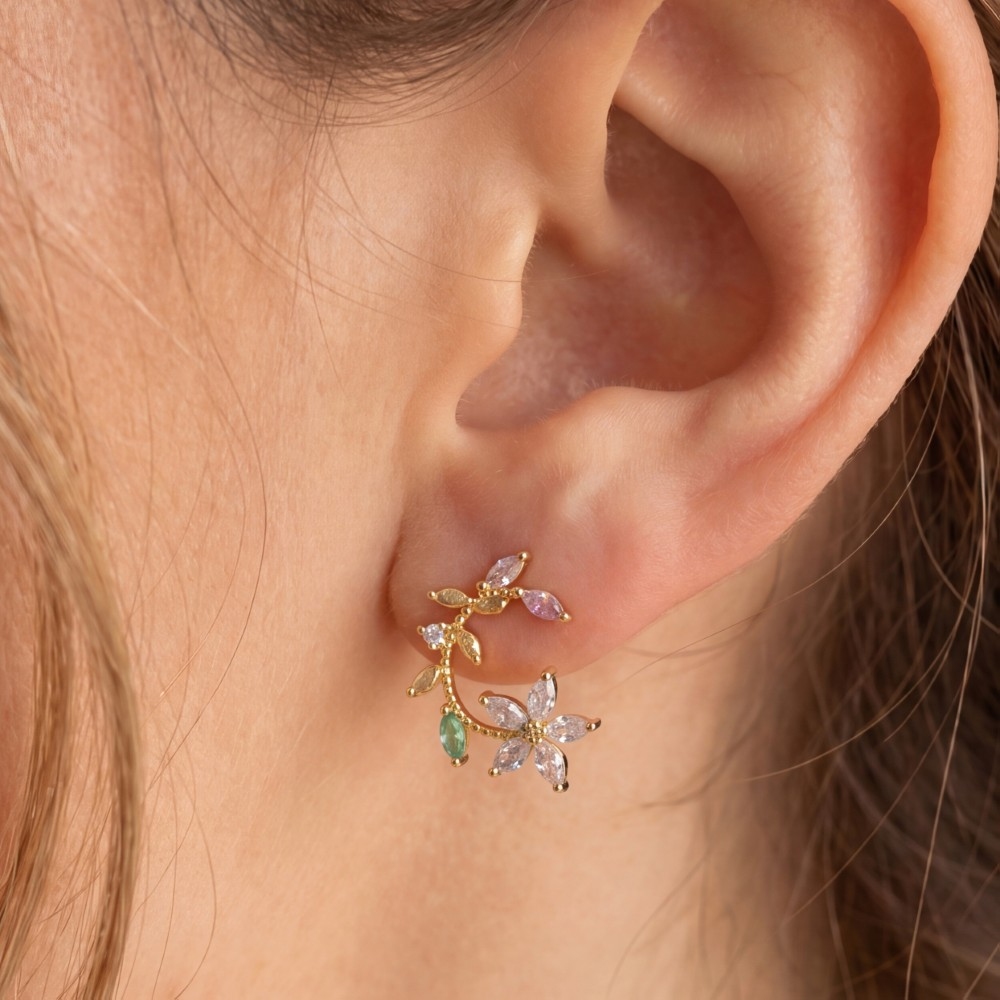 Gold Dipped Cz Leaf And Flower Circle Stud Earrings
