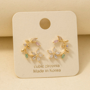 Gold Dipped Cz Leaf And Flower Circle Stud Earrings