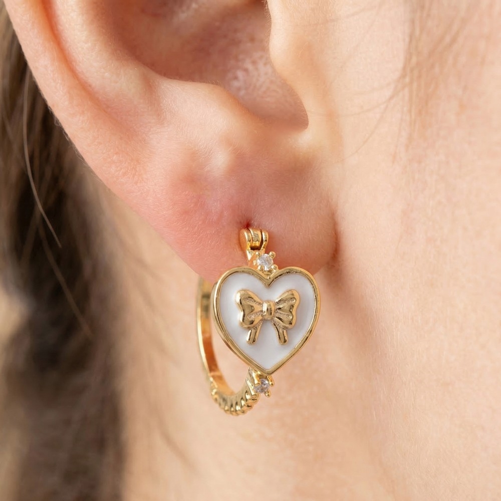 Gold Dipped Enamel Ribbon Bow Heart Hoop Earrings