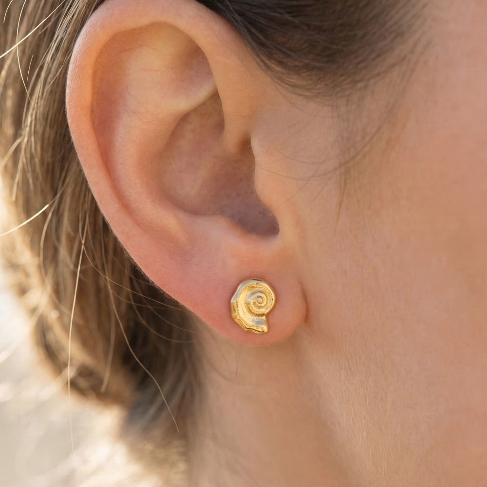 Gold Dipped Spiral Sea Shell Stud Earrings