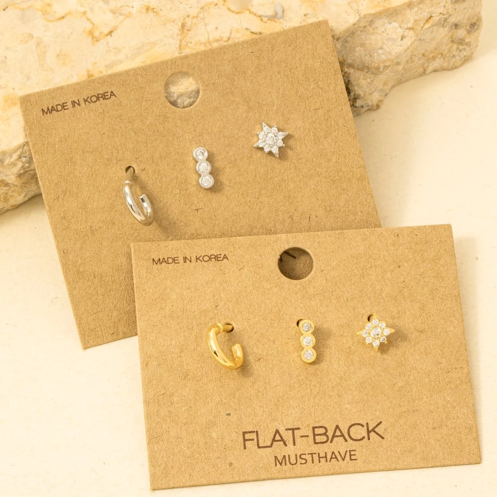 Gold Dipped 3Pc Hoop And Cz Stud Earrings Set