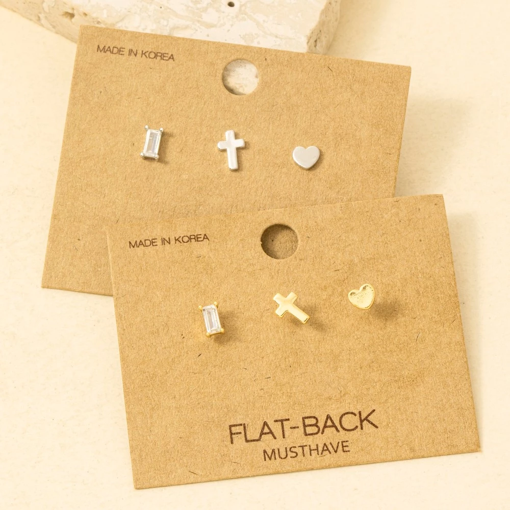 Gold Dipped Cz Heart And Cross 3Pc Stud Earrings Set