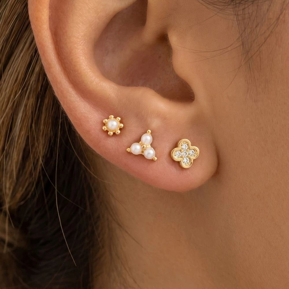 Gold Dipped 3Pc Pearl And Cz Studded Stud Earrings Set