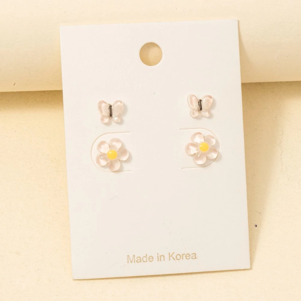 Clear Acrylic Pink Flower And Butterfly Stud Earrings Set