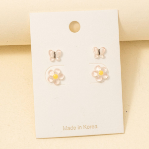Clear Acrylic Pink Flower And Butterfly Stud Earrings Set
