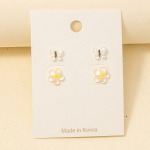 Clear Acrylic Yellow Flower And Butterfly Stud Earrings Set