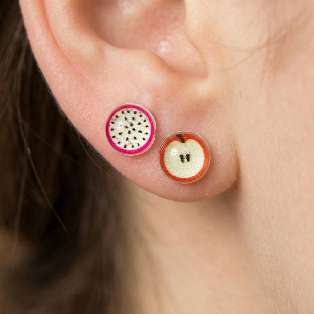 Acrylic Dragon Fruit And Apple Stud Earrings Set