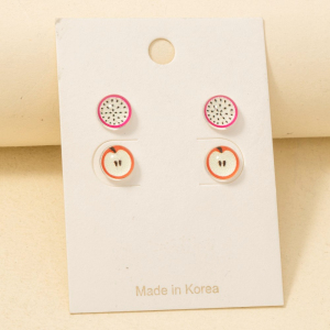 Acrylic Dragon Fruit And Apple Stud Earrings Set