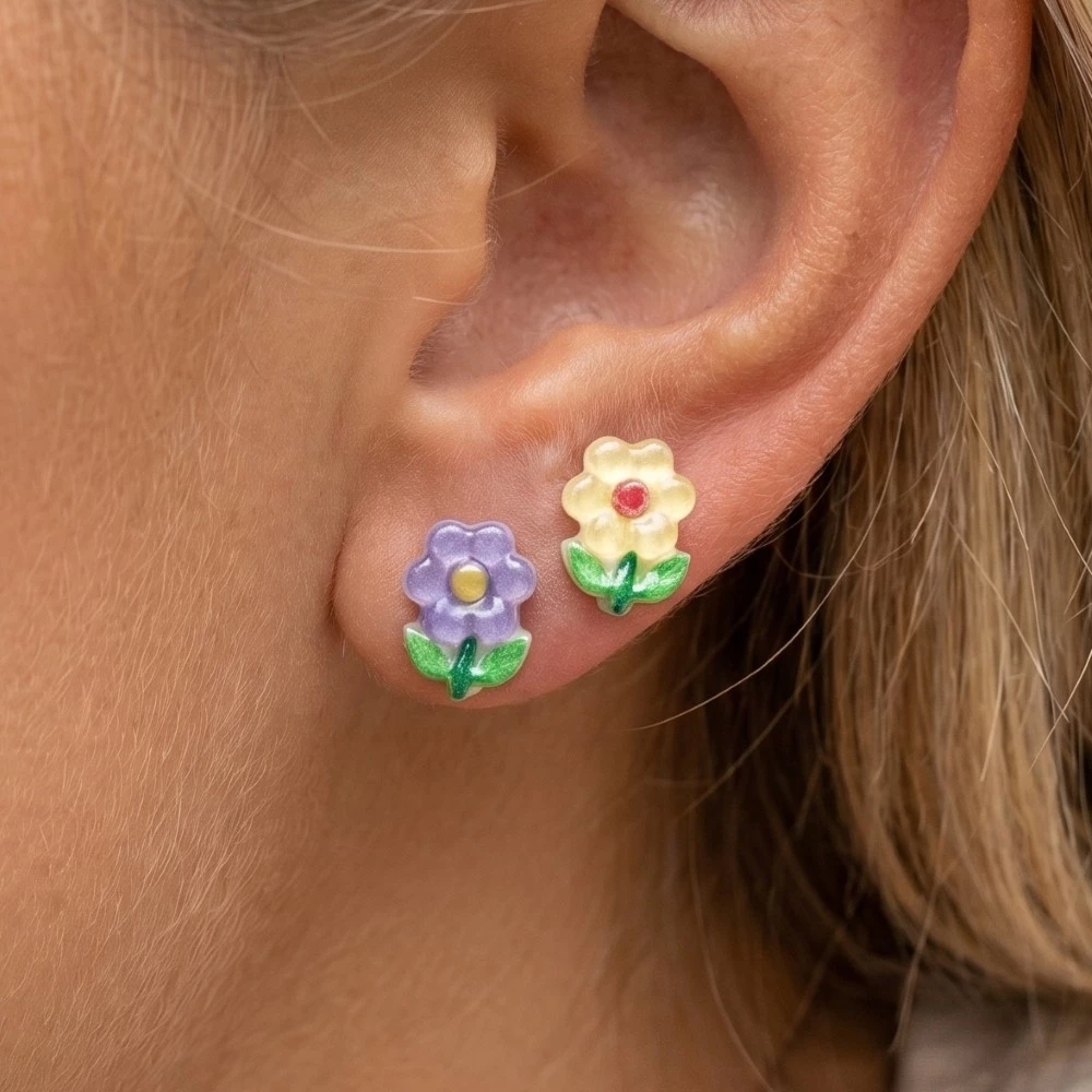 Purple And Yellow Acrylic Flower Stud Earrings Set