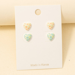 Dainty Floral Pattern Acrylic Heart Stud Earrings Set