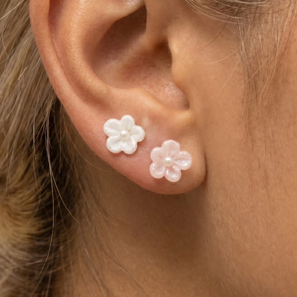 Glitter Acrylic Pearl Stud Flower Stud Earrings Set