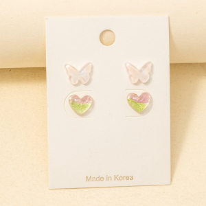 Pink Butterfly And Heart Acrylic Stud Earrings Set