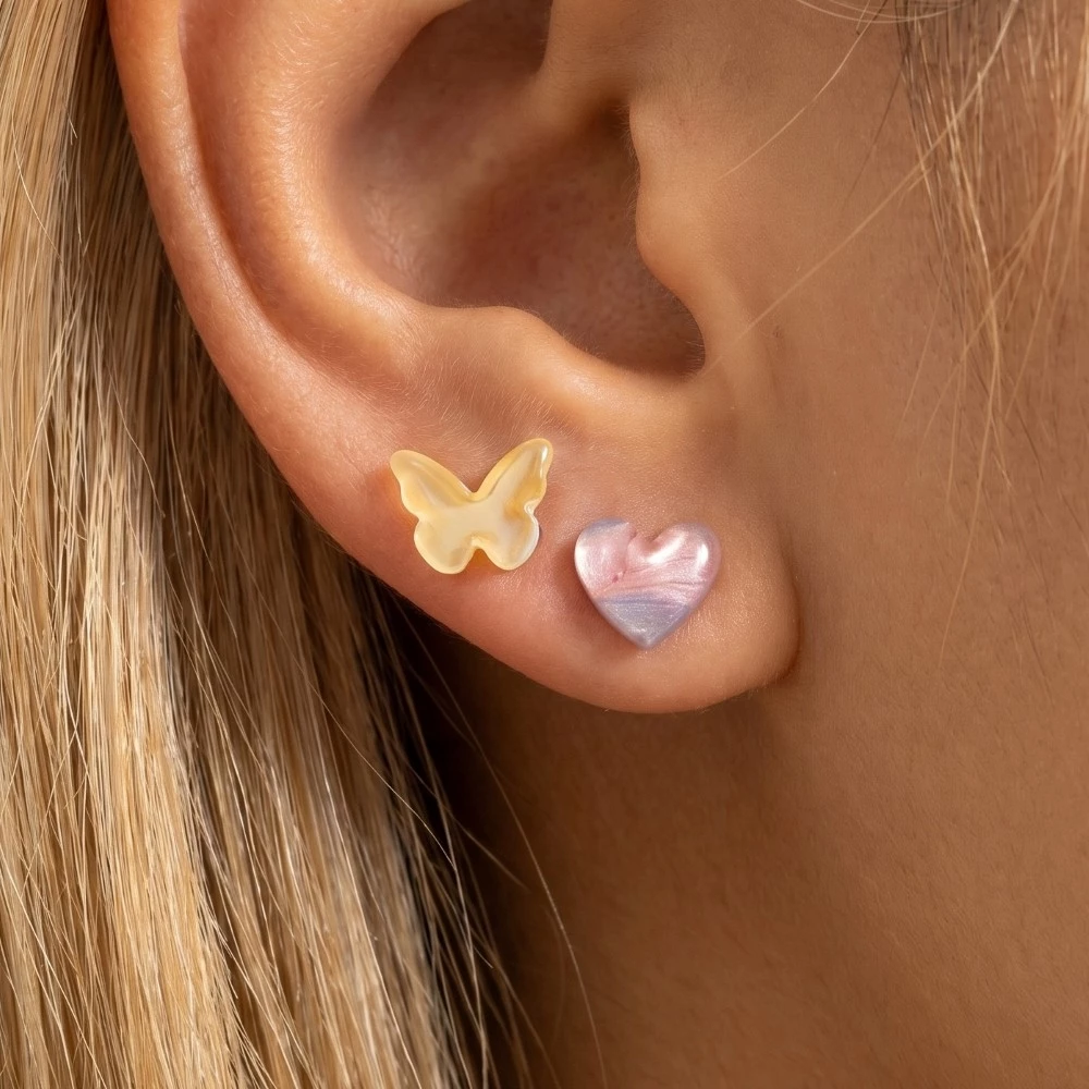 Yellow Butterfly And Heart Acrylic Stud Earrings Set