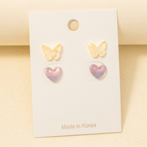 Yellow Butterfly And Heart Acrylic Stud Earrings Set
