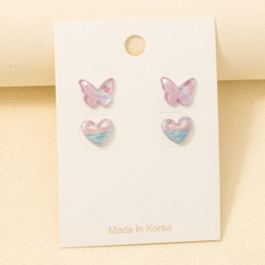 Purple Butterfly And Heart Acrylic Stud Earrings Set