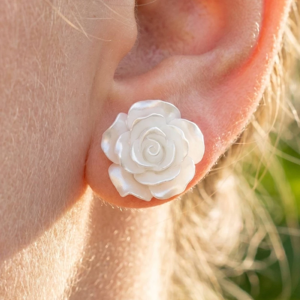Acrylic White Rose Stud Earrings