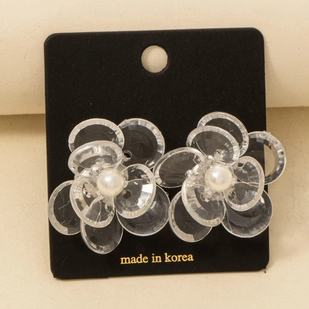 Clear Layered Acrylic Flower And Pearl Bead Stud Earrings