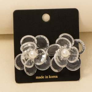 Clear Layered Acrylic Flower And Pearl Bead Stud Earrings