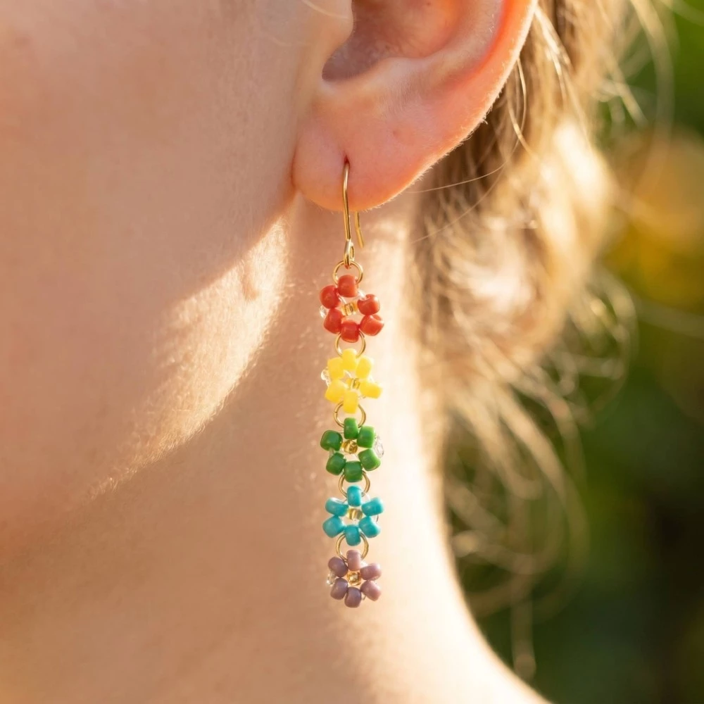 Seed Beaded Flower Chain Dangle Earrings