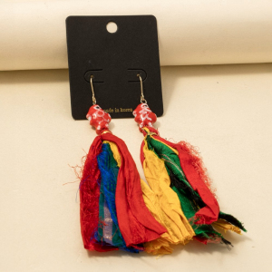 Ceramic Fish Multi Fabric Fringe Drop Earrings