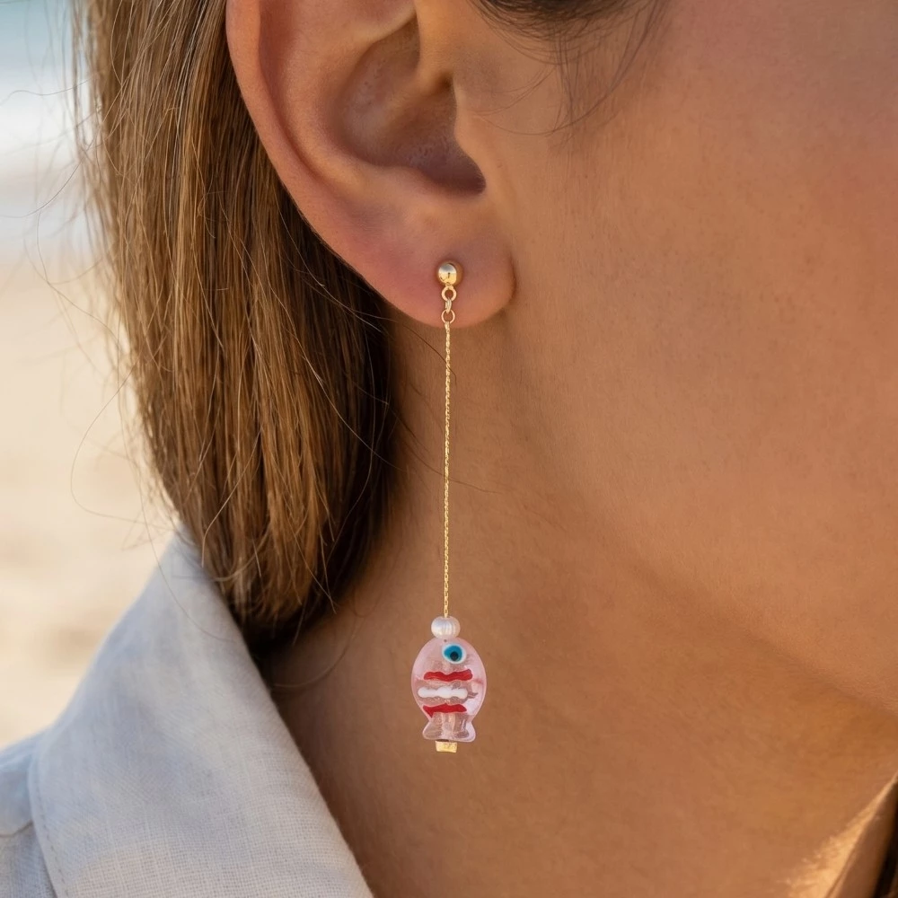 Striped Glass Fish Dangle Chain Earrings