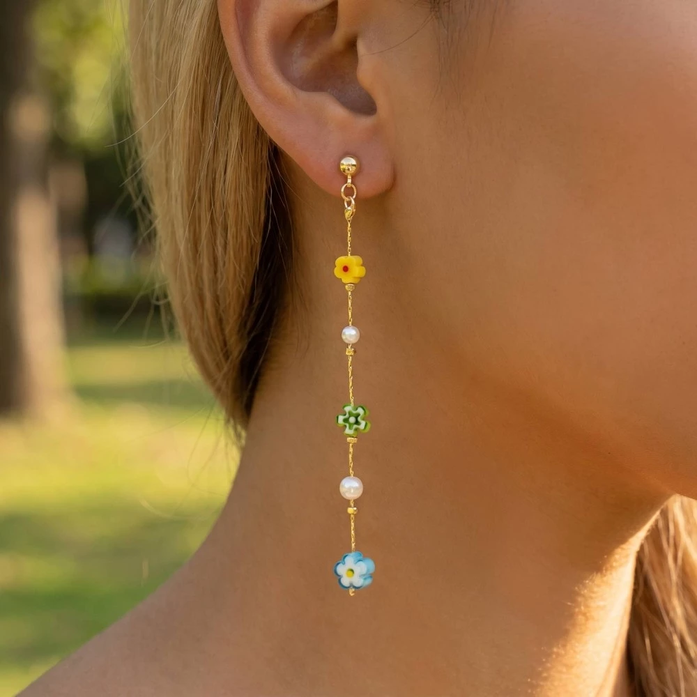 Mini Flower Bead Chain Dangle Earrings