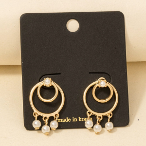 Pearl Bead Fringe Layered Hoop Stud Earrings