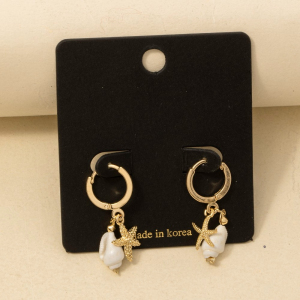 Starfish And Conch Shell Charms Hoop Earrings