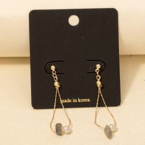 Chip Stone And Pearl Beads Chain Dangle Earrings