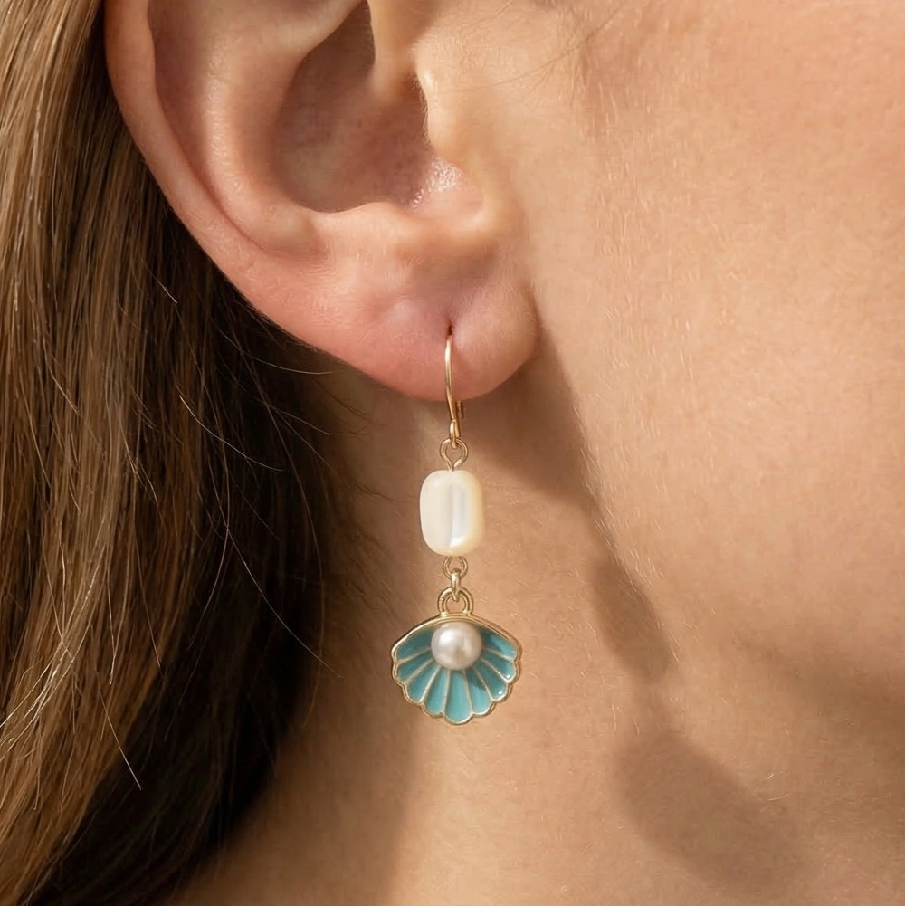 Enamel Seashell Pearl Drop Earrings
