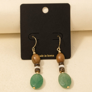 Wood And Gem Beads Dangle Hook Earrings