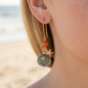 Beaded Starfish Shell Disc Drop Earrings