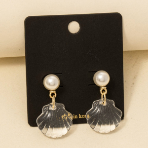 Pearl And Clear Clam Shell Dangle Earrings
