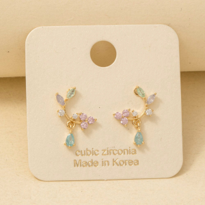 Gold Dipped Leaf And Flower Cz Earrings